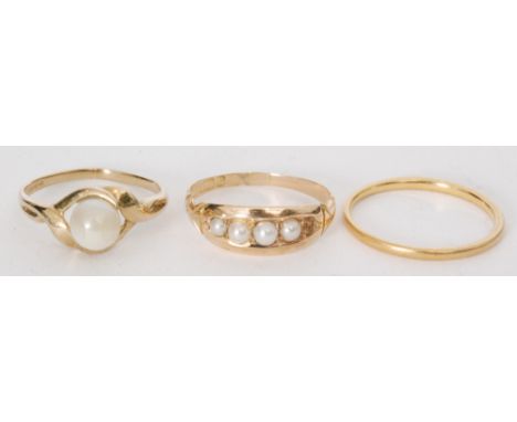 A 9ct pearl set dress ring, another pearl set boat head ring and a plain 22ct wedding band, S/D (3)