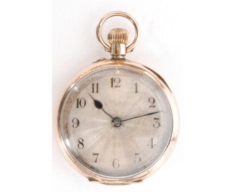 A Continental 9ct rose gold ladies fob watch, circular silvered dial with Arabic numerals, dial diameter 27mm, to a plain cas