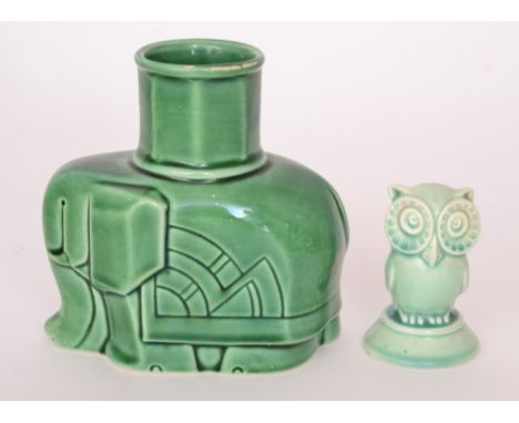 A 1930s Art Deco Spode Royal Jade model of a stylised owl, glazed in green, height 8cm together with an Art Deco Dartmouth po