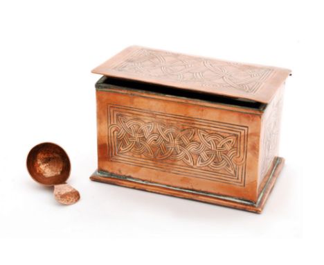 A Keswick School of Industrial Art copper box of rectangular form, with repousse work Celtic style decoration, stamped, heigh