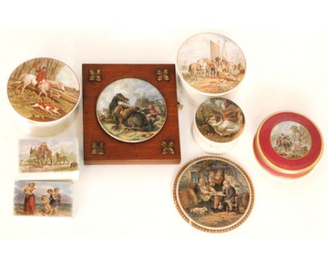 A small collection of assorted 19th Century Staffordshire pot lids comprising The Master of the Hounds, Herring Fishing; Land