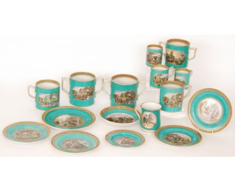 Six assorted 19th Century Staffordshire Prattware mugs comprising two loving cups, a baluster form mug, a mug and three mugs 