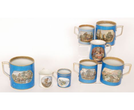 Seven assorted 19th Century Staffordshire Prattware mugs of varying form to include one baluster shape example each decorated