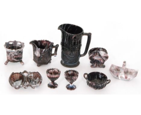 A group of late 19th Century purple malachite pressed glass comprising Sowerby and Davdison examples, to include a cream jug,