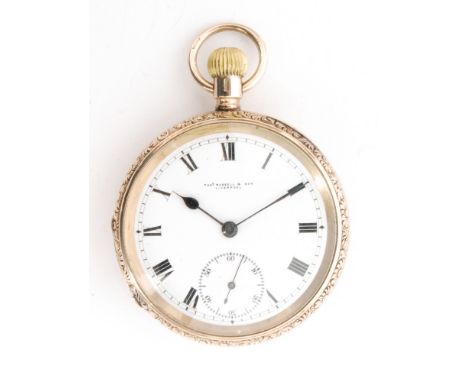 An early 20th Century 9ct gentleman's open face crown wind pocket watch, the white enamel dial with Roman numerals subsidiary