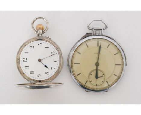 A Continental silver fob watch, the white enamel dial with Roman numerals and another open faced white metal example in the A