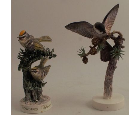 Two Royal Worcester bird models, Chickadee and Calden Crowned Kinglet, height 9.5ins and down