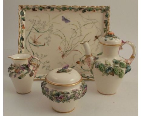 A Roya Worcester coffee set, comprising coffee pot, covered sugar bowl, jug and tray, all encrusted with flowers and leaves, 