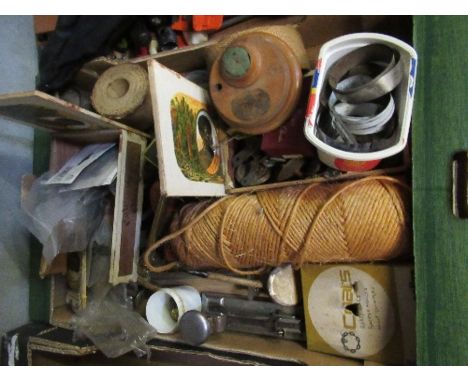 Two boxes of assorted tools, string, etc. to include Mauchline ware pin cushion