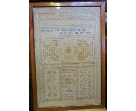 A 20th century tapestry sampler, decorated with geometric patterns and text, JK 1931, 20ins x 13ins