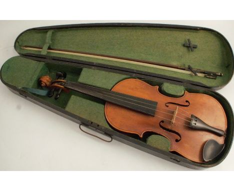 A violin, with two piece back, length excluding button 14ins, together with bow, cased