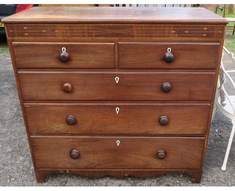 A 19th century oak chest, of two short over three long drawers, with satinwood inlay, raised on bracket feet, width 47ins, de