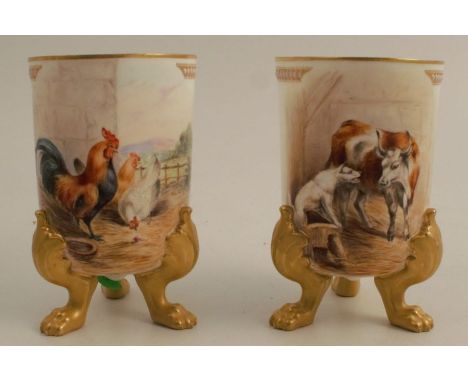 A pair of Royal Worcester cylindrical vases, painted to the fronts with The Cock and the Jewel and The Dog in the Manger, fro