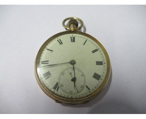 A 15 carat gold open faced pocket watch, the white enamel dial with black Roman numerals, blued steel hand and sunken subsidi