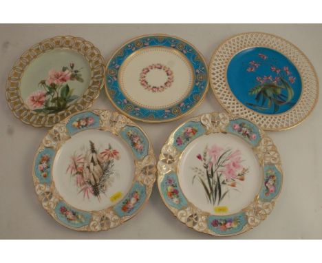 Three 19th century Minton porcelain cabinet plates, decorated with flowers, together with two Royal Worcester cabinet plates,