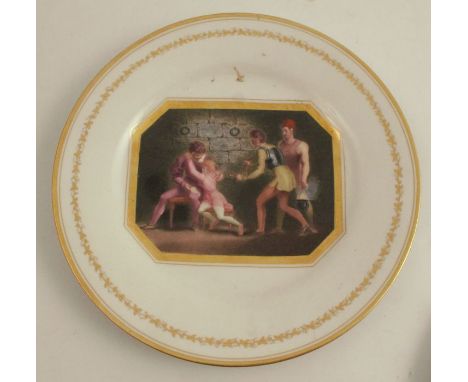 A Flight Barr and Barr Worcester plate, decorated with a rebated rectangular panel of three adults and a chid in a dungeon, d