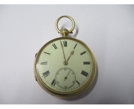 An Edwardian 18 carat gold open faced pocket watch, the white enamel dial with black Roman numerals, gilt hands and sunken su