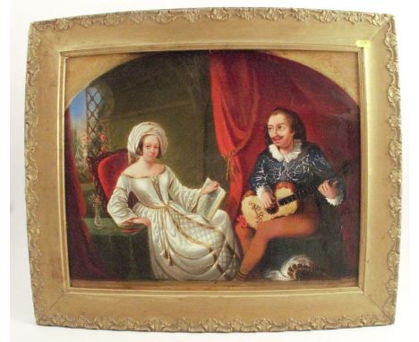 An oil on board, interior scene with man playing a guitar and a woman reading, 15.5ins x 19ins
