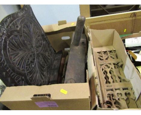 Two boxes of wooden carvings, to include carved fork, table top, etc.