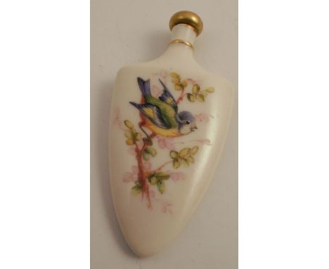 A Royal Worcester porcelain scent flask and stopper, decorated either side with a blue tit on branch with flowers and robin o