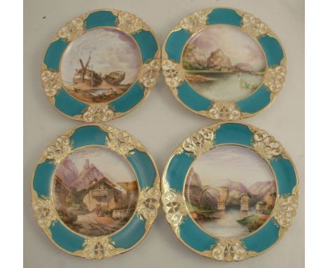 A set of four 19th century Royal Worcester cabinet plates, three decorated with landscapes, one with a ship wreck, with pierc