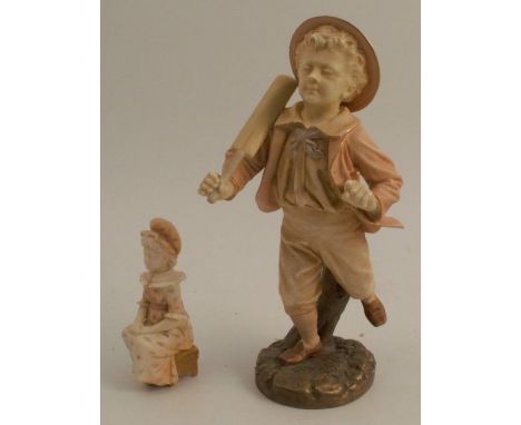 A Hadley's Worcester blush ivory figures, of a boy running with a cricket bat, height 8.5ins, together with a Royal Worcester