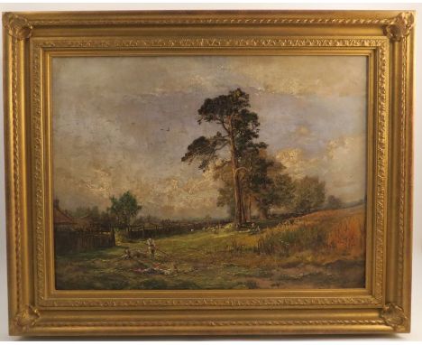 R Hudson Junior, oil on canvas, harvest scene, dated 1883, 17.5ins x 23.25ins