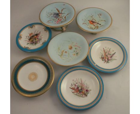 A collection of Worcester porcelain comports, decorated with flowers and birds, some af - Kingfisher comport cracked, the two