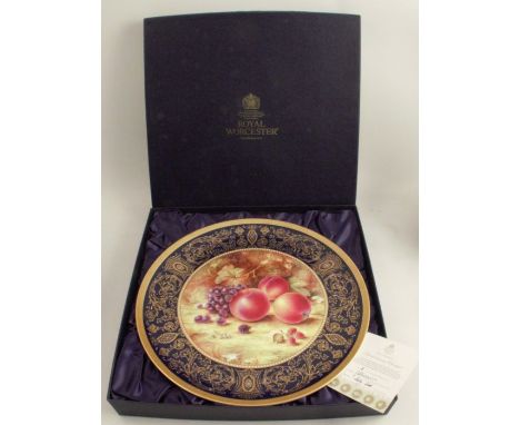 A Royal Worcester circular charger, decorated with fruit to a mossy background by Sally Wood, No. 1, with certificate, diamet