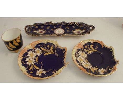 A Royal Worcester tray, with deep blue ground and gilded decoration, having two reserves decorated with fruit by Hawkins and 