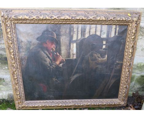Albert George Stevens - attributed - Staithes School, oil on canvas, interior scene with man using tools at a workbench - pos