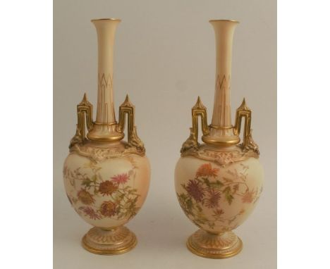 A pair of Royal Worcester blush ivory vases, decorated with flowers, on a pedestal foot, shape number 1406, dated 1892, heigh