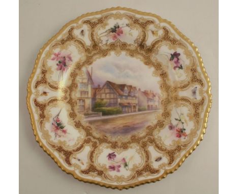 A Royal Worcester cabinet plate, decorated with Shakespeare's House Stratford by Rushton, with floral and gilt border, dated 