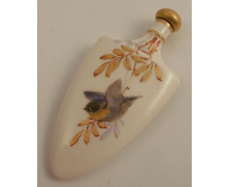 A Royal Worcester porcelain scent flask and stopper, decorated with fledgling bird and leaves, dated 1894, length 4ins - Good