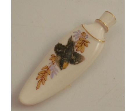 A Royal Worcester porcelain scent flask, of slender curved form, decorated with a bird and leaves, stopper missing, dated 189