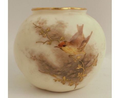 A Grainger's Worcester gilded ivory wrythen moulded globular vase, decorated with a bird, shape number G161, height 2.5ins - 