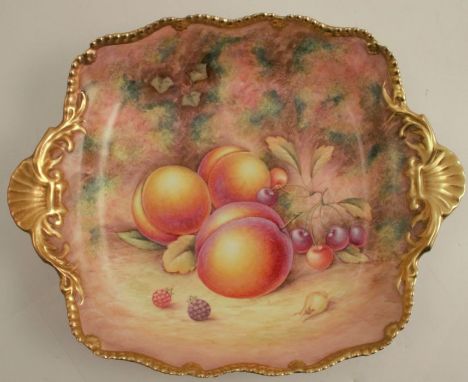 A Royal Worcester square dish, decorated with hand painted fruit by Telford, diameter 11ins - Good condition