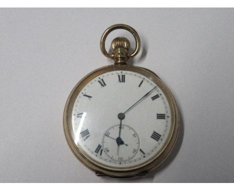 A 9 carat gold open faced pocket watch, the white enamel dial with black Roman numerals, blued steel hands, sunken subsidiary
