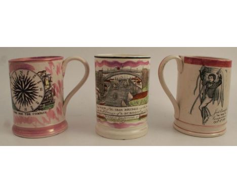 A 19th century Dixon &amp; Co Sunderland lustre frog mug, printed with a titled scene, West View of the Iron Bridge over the 