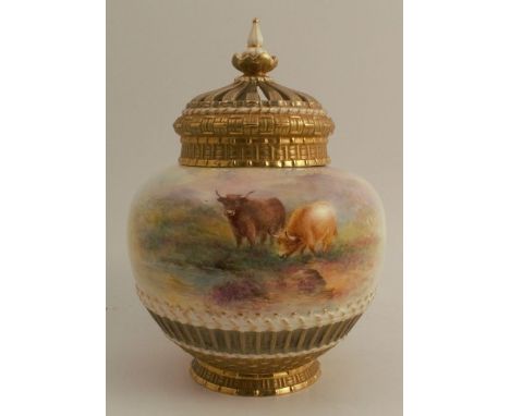 A Royal Worcester crown top pot pourri, the front decorated with Highland cattle in landscape by Townsend, with gilt basket w