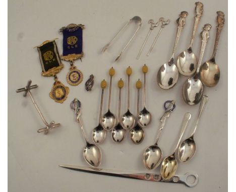 A modern hallmarked silver letter opener, length 8.5ins, together with other flatware to include Kelloggs spoons, together me