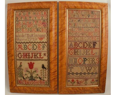 A pair of tapestry samplers, with alphabet and flowers, by Margaret Gordon and Elizabeth Gordon, in birds eye maple frames, 1