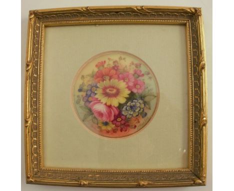 A Royal Worcester circular plaque or plate centre, decorated with flowers&nbsp;by Ernest Barker, dated 1934, diameter 3ins