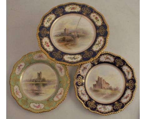 Two Royal Worcester cabinet plates, decorated with Ross Castle and The Castle of Doune by J Stinton, both af, diameter 9.25in