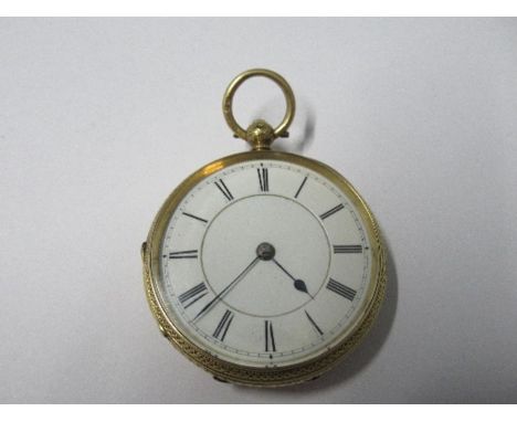 An 18 carat gold open faced pocket watch, the white enamel dial with black Roman numerals and blued steel hands, the three pi