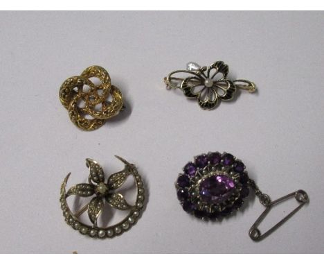 A Victorian seed pearl flowerhead crescent brooch/pendant, together with a black enamel and freshwater pearl flowerhead bar b