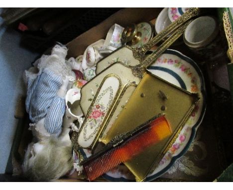Two boxes of sundries, to include brush set, doll, tools, etc.