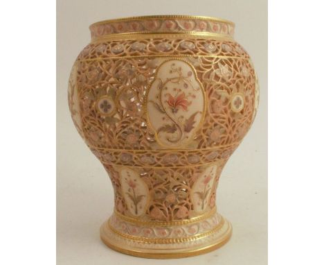 A Royal Worcester blush ivory pierced baluster vase, decorated with flowers, dated 1888, height 7ins - restored