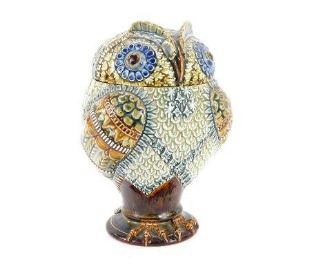 A Doulton Lambeth stoneware tobacco jar and cover, modelled as an owl, impressed marks to underside No 884 and initialled R M
