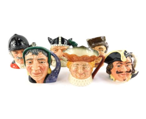 Six Royal Doulton character jugs, comprising Fortune Teller D6503, The Master D6898, Viking D6502, Captain Henry Morgan D6469